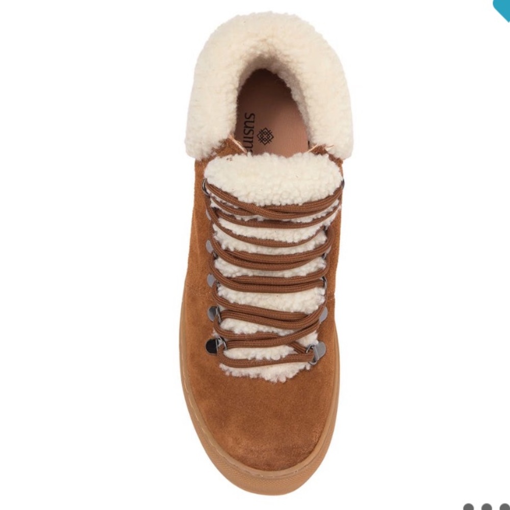 NEW 7 Susina Zayva Suede Shearling Trim Sneaker Tan - Picture 4 of 6